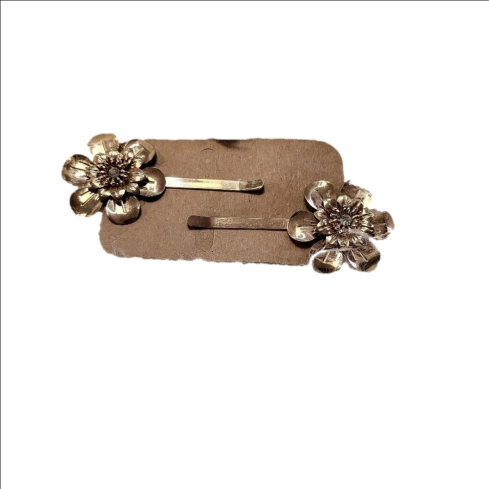 Set of 2 Large Gold Flower Rhinestone Hair Clips Barrettes Pins